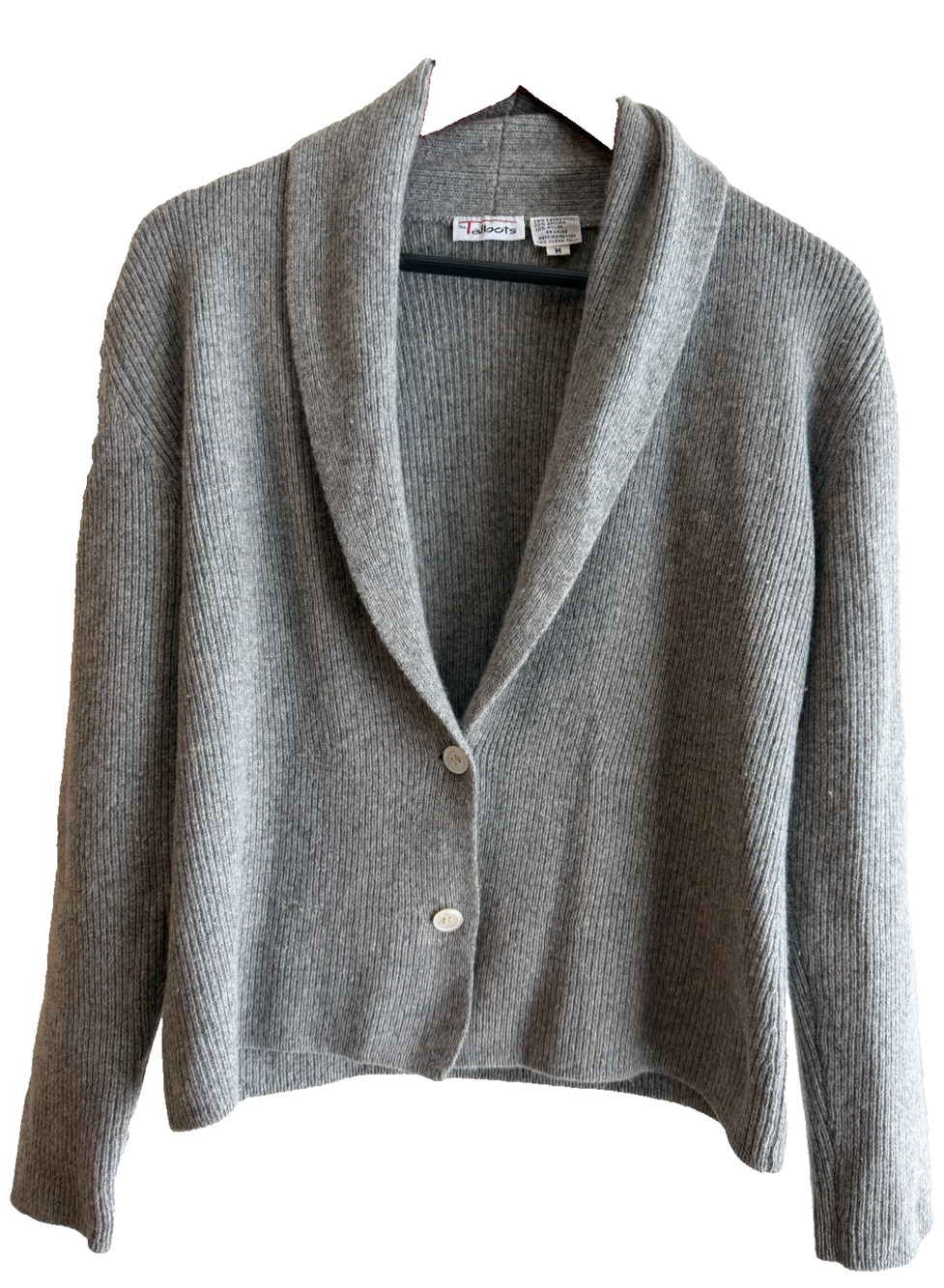Vtg Talbots shawl collar ribbed Gray Wool Angora blend Grandpa Cardigan Sz-M